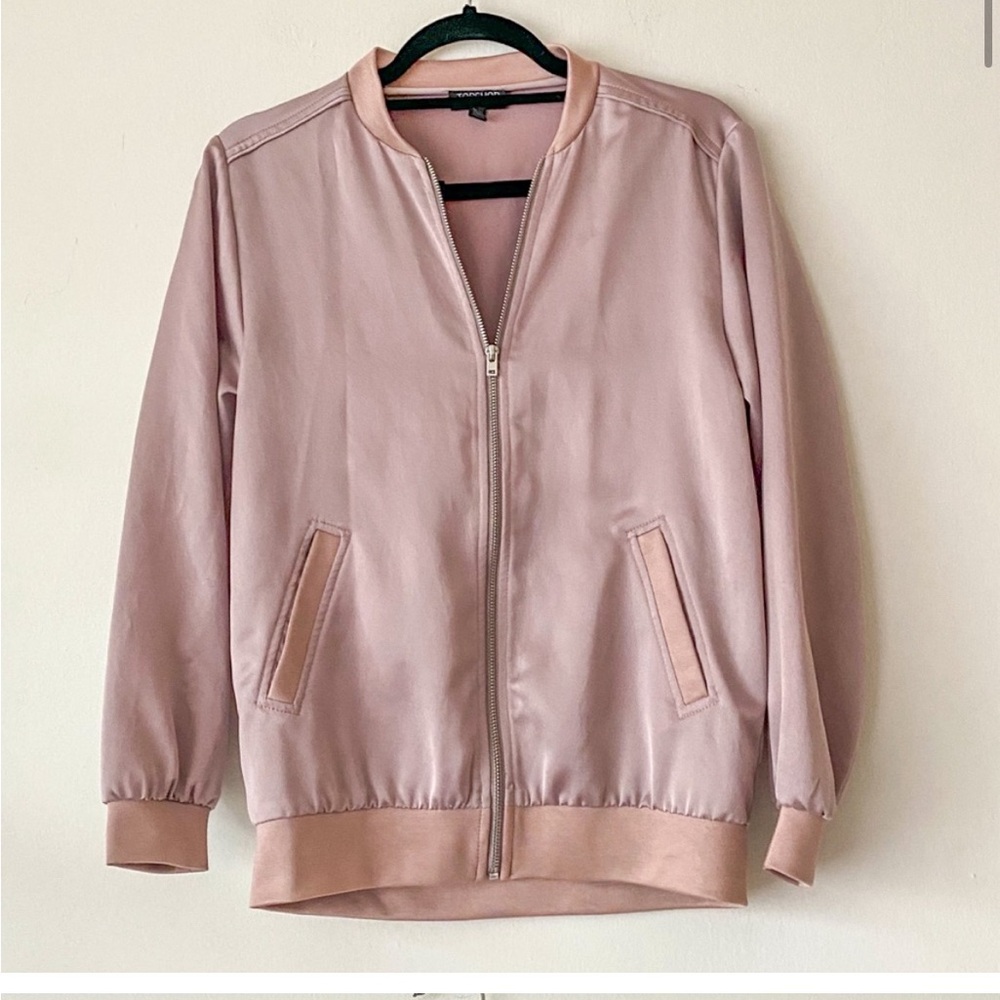 Topshop satin bomber jacket, zip closure, pink, size 2 - Picture 1 of 6